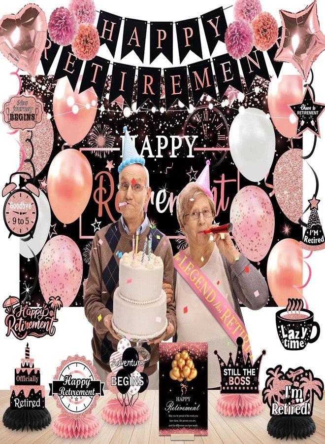 Bolake Retirement Party Decorations Women Rose Gold Happy Retire Decorations Happy Retired Banner Backdrop Honeycomb Centerpiece Sash Greeting Card Hanging Swirls Retirements Party Supplies - Image 4