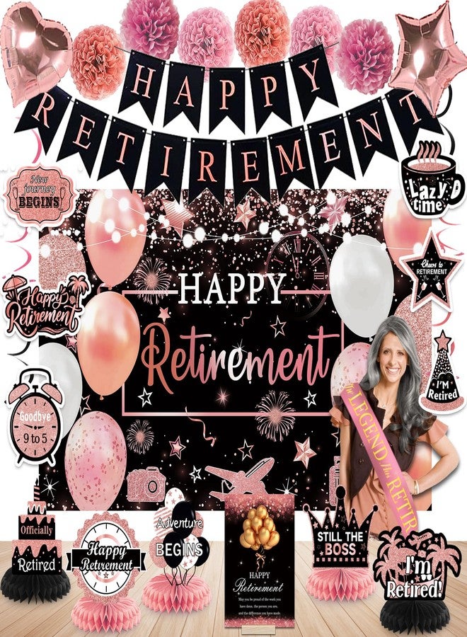 Bolake Retirement Party Decorations Women Rose Gold Happy Retire Decorations Happy Retired Banner Backdrop Honeycomb Centerpiece Sash Greeting Card Hanging Swirls Retirements Party Supplies - Image 1