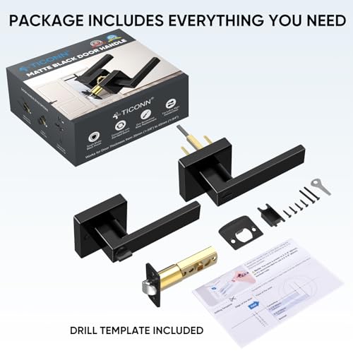 TICONN 5PK Matte Black Door Handles Interior, Reversible Square Door Levers Knob for Hallway, Bedroom, Bathroom (with Lock, 5PK Privacy) - Image 3