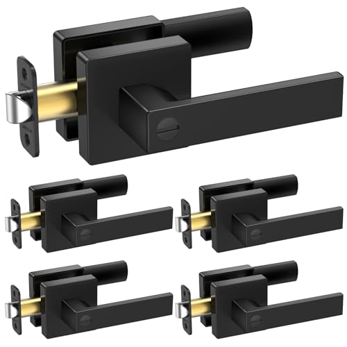 TICONN 5PK Matte Black Door Handles Interior, Reversible Square Door Levers Knob for Hallway, Bedroom, Bathroom (with Lock, 5PK Privacy) - Image 1