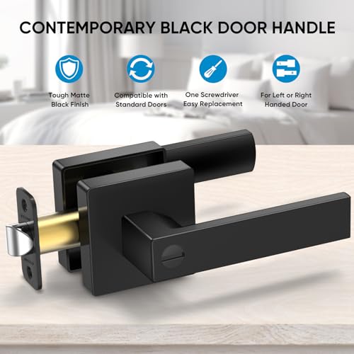 TICONN 5PK Matte Black Door Handles Interior, Reversible Square Door Levers Knob for Hallway, Bedroom, Bathroom (with Lock, 5PK Privacy) - Image 2