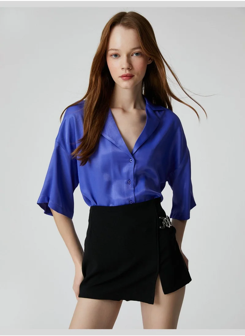 كوتون Button Detail Short Sleeve Viscose Satin Shirt