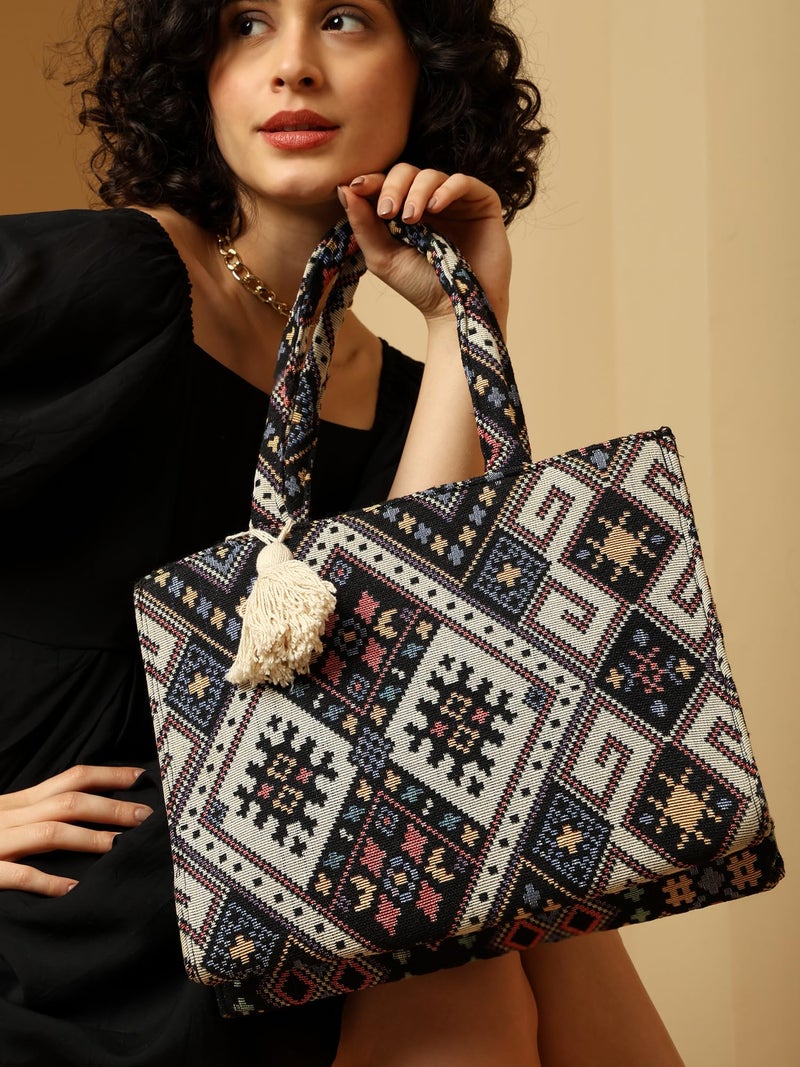 ENSAC Tote Bag for Women – Ethnic Embroidered Shoulder Bag with Tassel | Stylish Large Handbag for Office, College & Casual Outings - Image 2