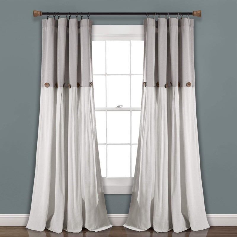 Lush Decor Linen Button Window Curtain Panel Single 40 W x 95 L Gray  Off White Country Curtains  Rustic Decor  Color Block  Modern Farmhouse Curtains