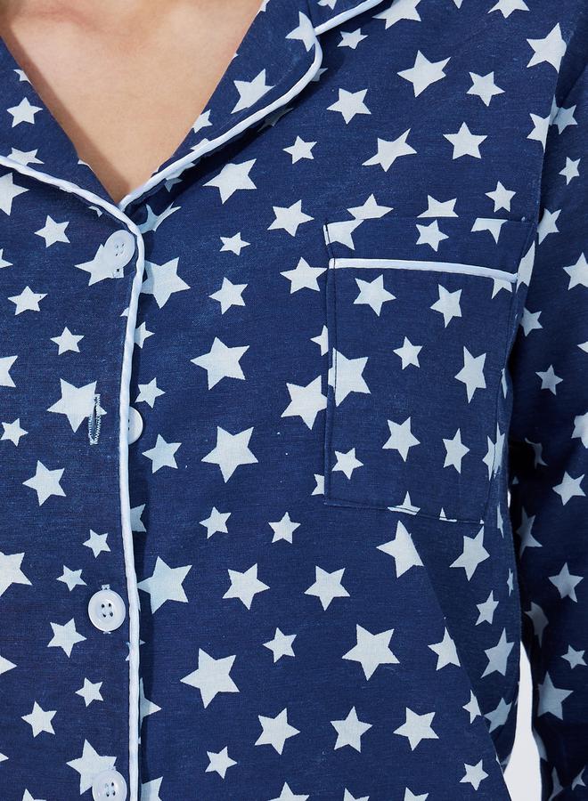 Styli Cotton Linen Star Print Shirt and Pyjama Set - Image 3