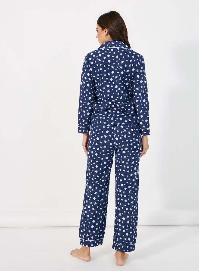 Styli Cotton Linen Star Print Shirt and Pyjama Set - Image 4