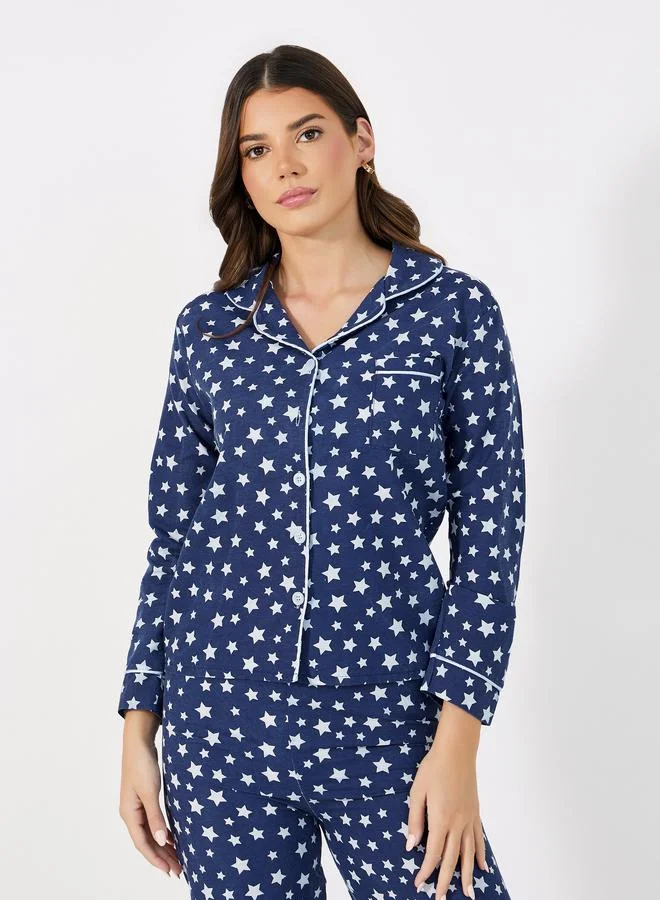 Styli Cotton Linen Star Print Shirt and Pyjama Set