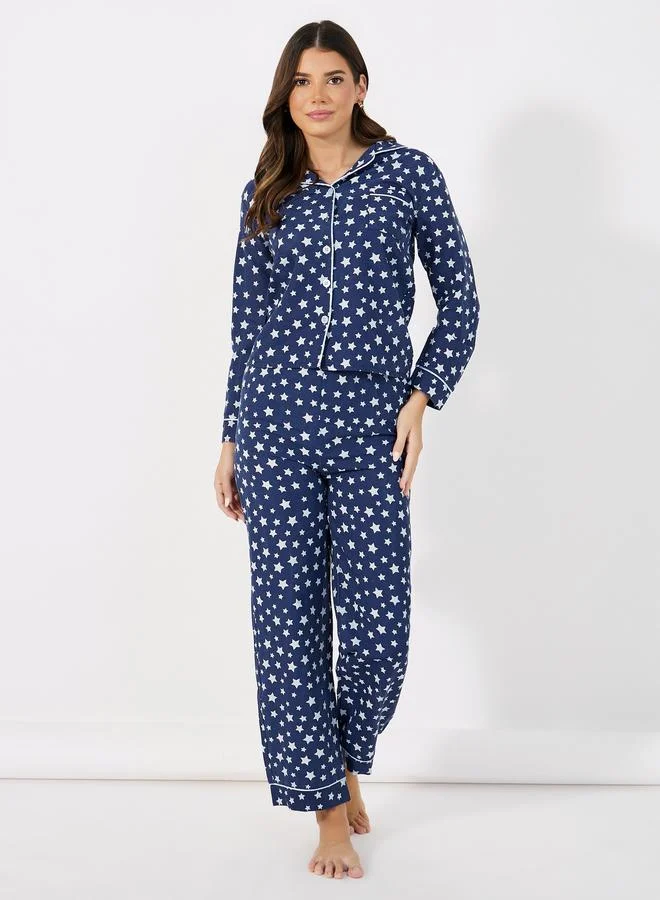 Styli Cotton Linen Star Print Shirt and Pyjama Set