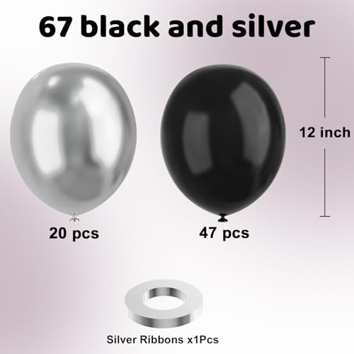 YMSZ Black and Silver Balloons, 67pcs 12 Inch Metallic Chrome Silver and Black Balloons for Birthday, Baby Shower, Wedding, and Engagement Party Decoration - Image 2