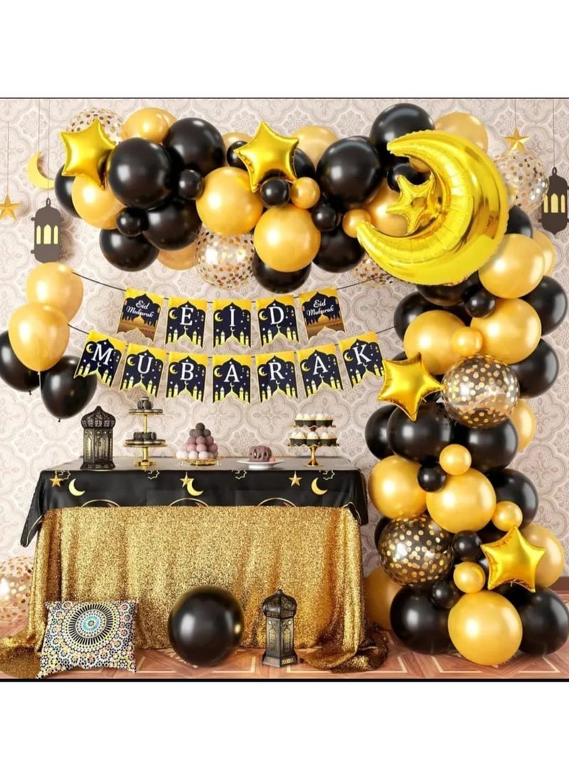 BOLREUS 96 Pcs Balloon Garland Arch Kit For Eid Mubarak, Featuring Black, White, Golden Balloons, Moon & Star Design, Decorating Eid Mubarak, Ramadan Celebration. - Image 1