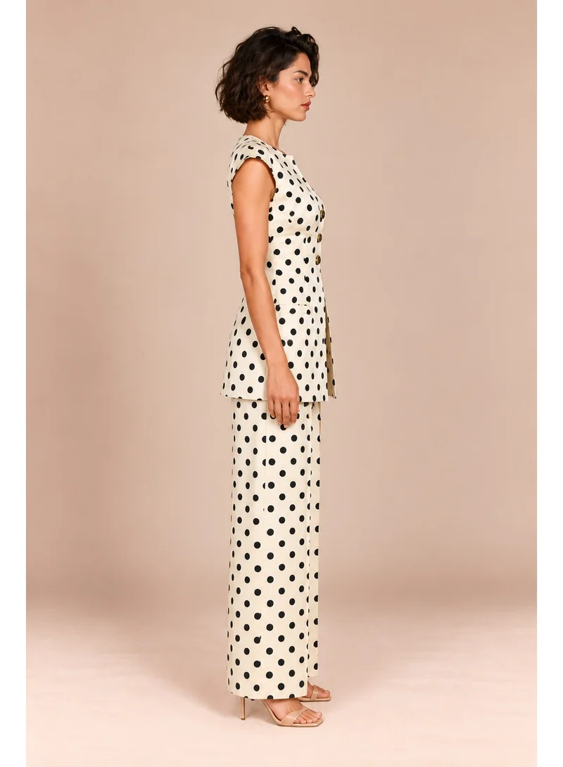 2Trendy Women's Off-White Two-Piece Polka Dot Set: Long Vest & Wide-Leg Trousers