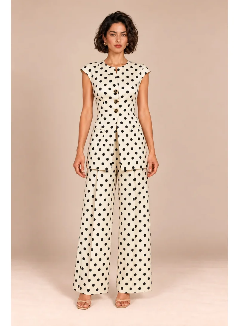 2Trendy Women's Off-White Two-Piece Polka Dot Set: Long Vest & Wide-Leg Trousers