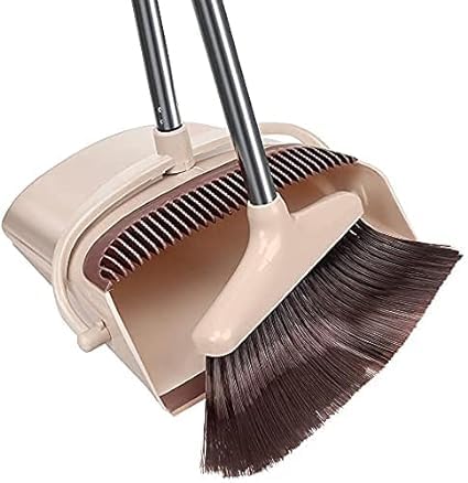 TRADY Broom and Dustpan Set for Home,Long Handle Lightweight 180° Rotating Broom Combo, Standing Dust Pan with CombTeeth for Kitchen Room Office Lobby Floor Cleaning (Cream & Brown) - Image 1