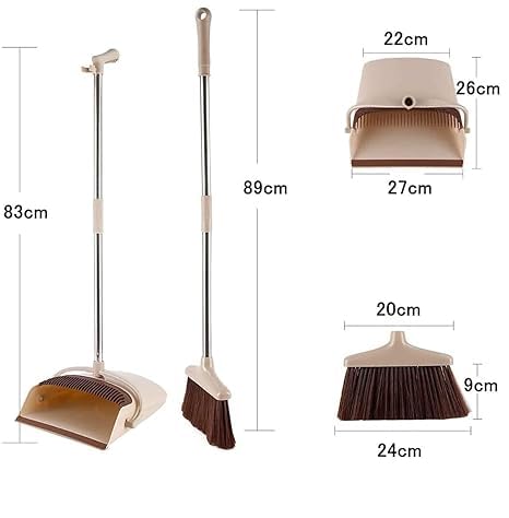 TRADY Broom and Dustpan Set for Home,Long Handle Lightweight 180° Rotating Broom Combo, Standing Dust Pan with CombTeeth for Kitchen Room Office Lobby Floor Cleaning (Cream & Brown) - Image 2