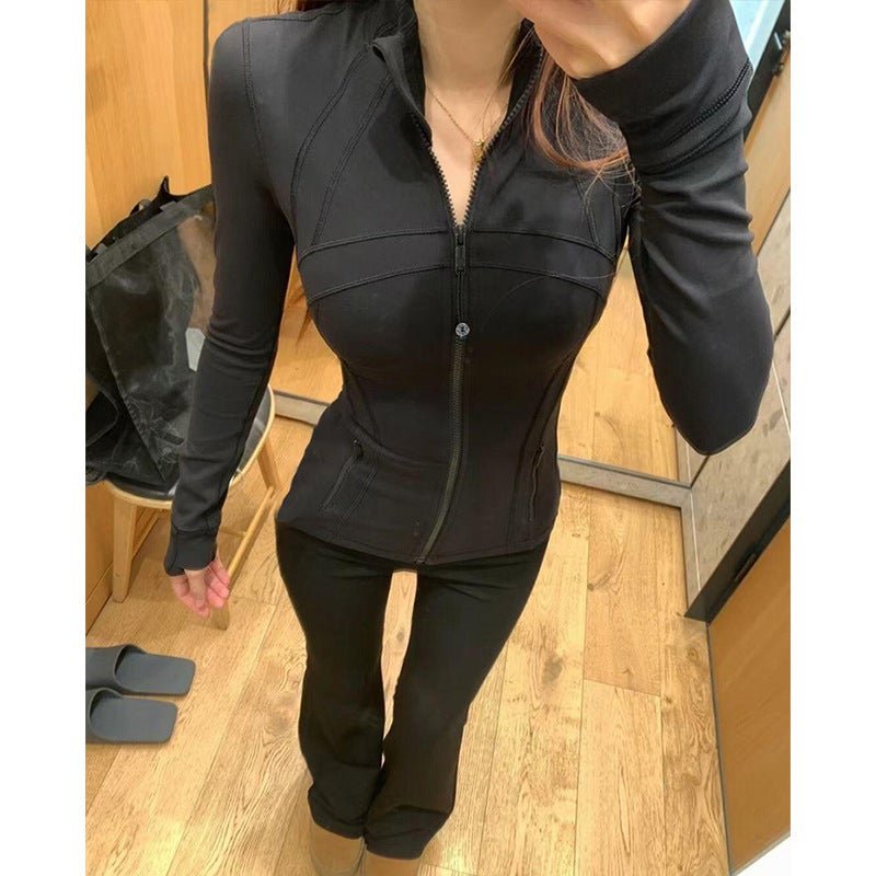 Generic LULU COCO Liu Yifei Same Style Yoga Suit Coat Slim Fit New Style Autumn and Winter Style Sports Fitness Suit for Women Black stand collar 