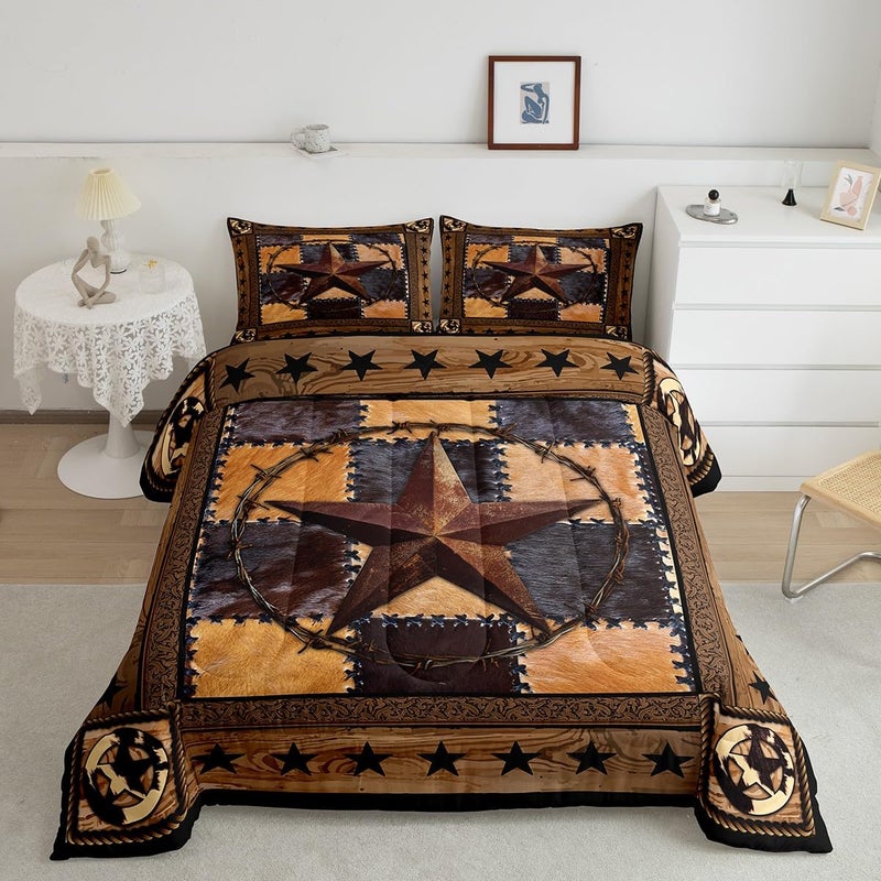 Man Fei Western Texas Star Kids Comforter Set Queen Size Cow Fur Plaids Patchwork Bedding Set Boys Girls Adults Room Decor Western Cowboy Rustic Farmhouse Qulit Set Country Chic Duvet Insert 2 Pillowcases - Image 4