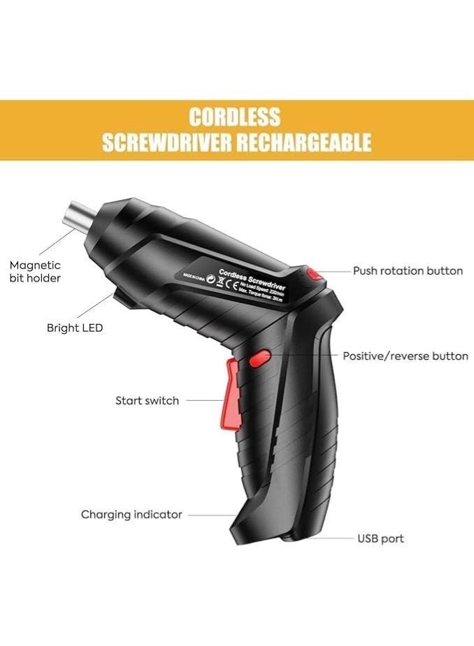 طقم مفك ببطارية شديد التحمل مع لمبة ليد وكيبل شحن USB وبطارية صغيرة قابلة لإعادة الشحن مع مقبض دوار وشنطة حمل مناسبة لمختلف المسامير والصواميل، 47 قطعة - Image 3