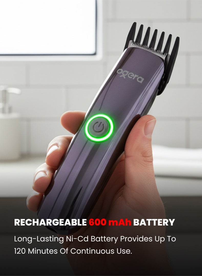 Ogera Rechargeable Hair Clipper – 120 Minutes Runtime, Powerful Motor, LED Indicator, 600 mAh Ni-Cd Battery, Type-C Charging, 4 Guide Combs, Precision Grooming Tool for Men – Model OG2002HT, Black - Image 3