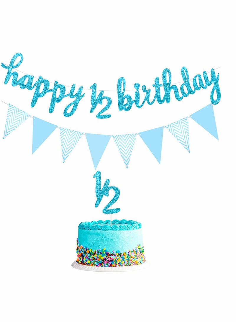 KASTWAVE 6 Months Banner Happy Birthday Banner Happy 1/2 Birthday Banner Glitter 1/2 Half Year Cake Topper Triangle Flag Banner for Half Year Baby Shower Birthday Party Decoration, Pre-Strung - Image 1