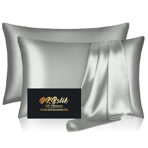 DKBslik Silk Pillowcase 2 Pack Natural Mulberry Silk Pillow Cases Anti Acne Silk Pillowcase for Hair and Skin King Size Silk Satin Pillowcase Set of 2 with Zipper Gifts for Sleeping Women Silver Grey - Image 1