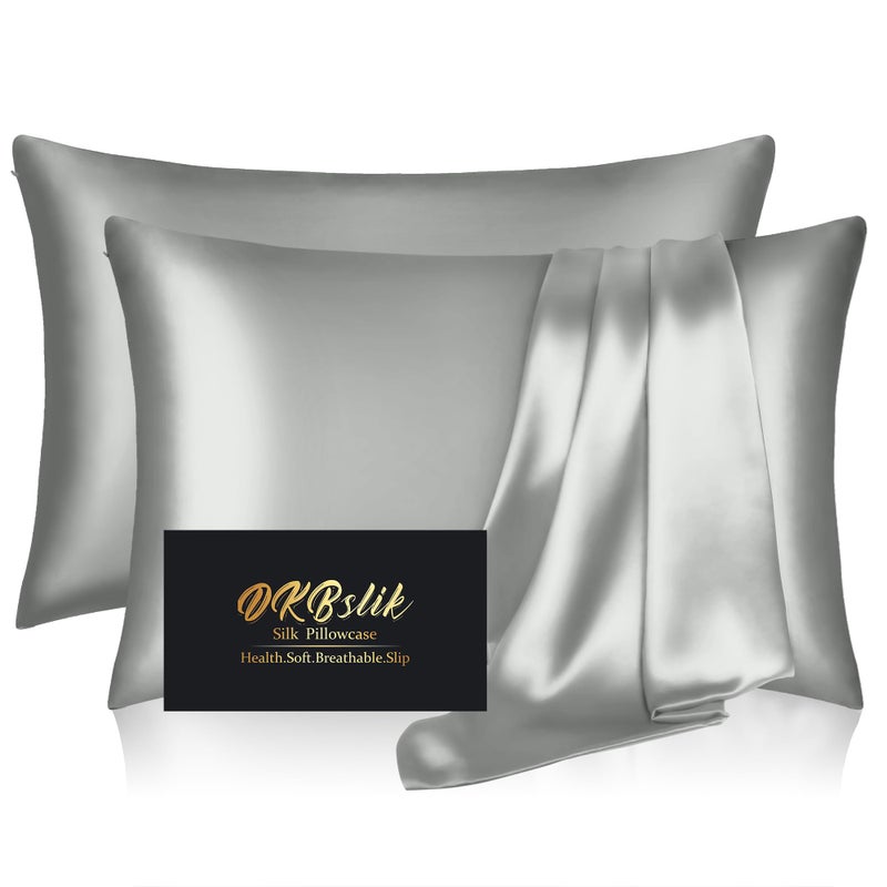 DKBslik Silk Pillowcase 2 Pack Natural Mulberry Silk Pillow Cases Anti Acne Silk Pillowcase for Hair and Skin King Size Silk Satin Pillowcase Set of 2 with Zipper Gifts for Sleeping Women Silver Grey - Image 2