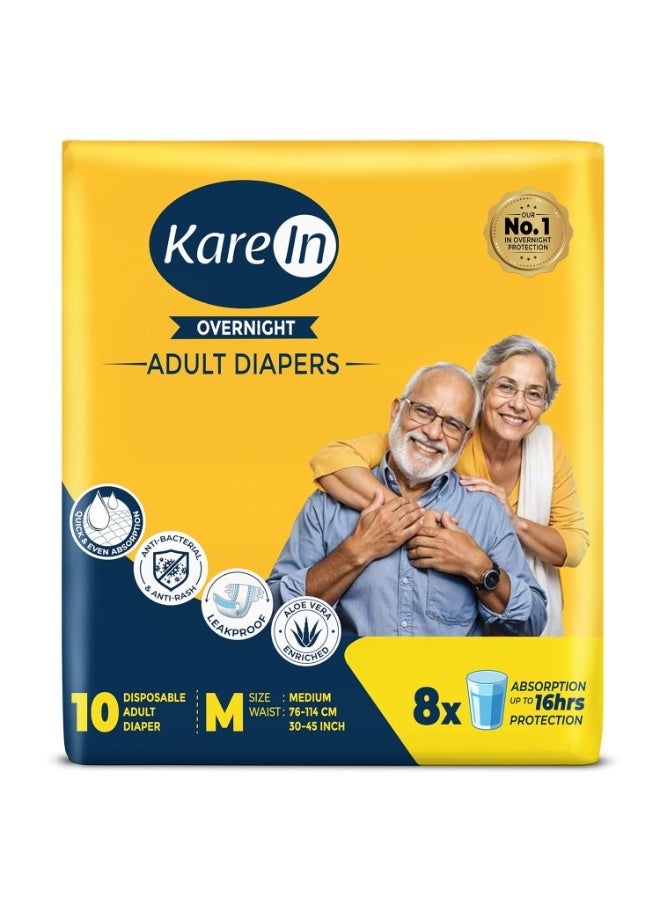 Karein Overnight Adult Diaper Tape M Size, Medium, Waist , 10 Unit, Long Protection Hour, Unisex, Quick & Even Absorption, Aloe Vera, Leakproof, Odour Control, Wetness Indicator