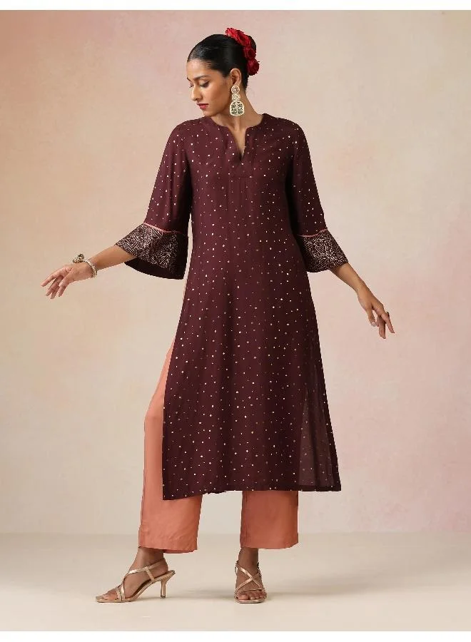 trueBrowns trueBrowns Cola Gold Foil Print Muslin Silk Straight High-Slit Kurta Set