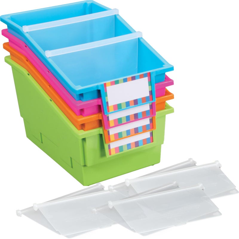 Really Good Stuff Chapter Book Library Bins with Dividers 8 x 13 x 7 4 Pack Neon Plastic Shelf Bin Organizer for Classroom Library Book Organization Documents Files Magazines