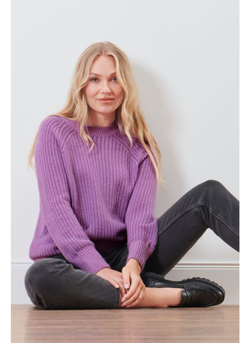 Tchibo Women Mock Neck Long Sleeve Textured Sweater, Purple  - Image 1