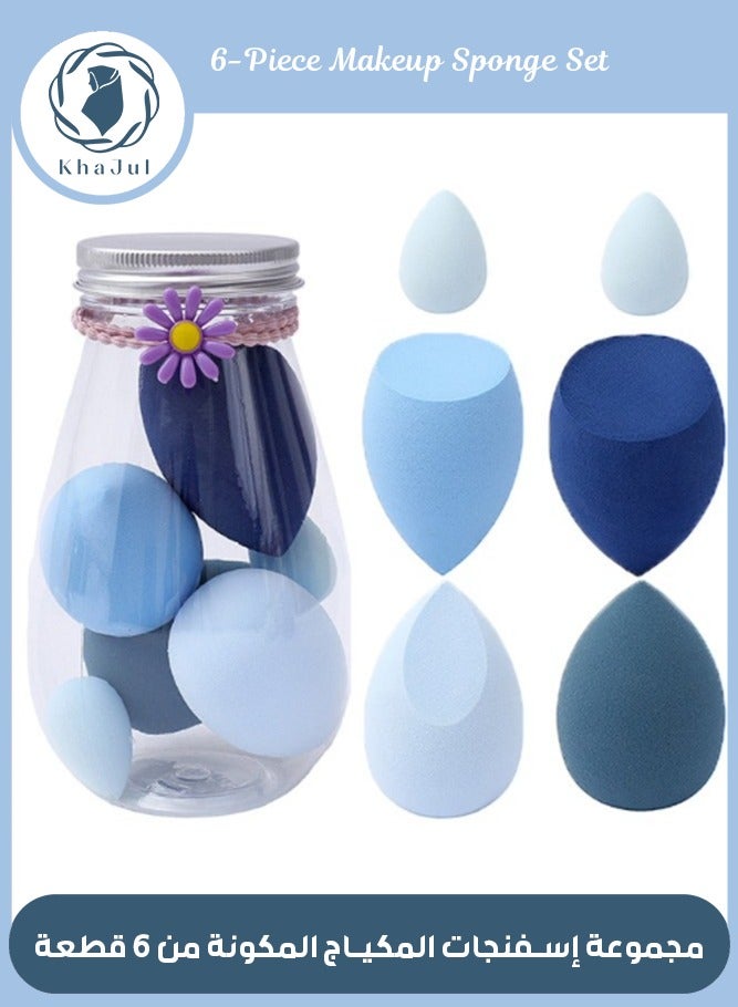 خاجول مجموعة إسفنجات مكياج مكونة من 6 قطع مع رباط شعر ديزي - إسفنجات مكياج صغيرة ناعمة متعددة الألوان، إسفنجات بودرة طويلة الأمد مبللة وجافة للنساء (أزرق) - Image 1