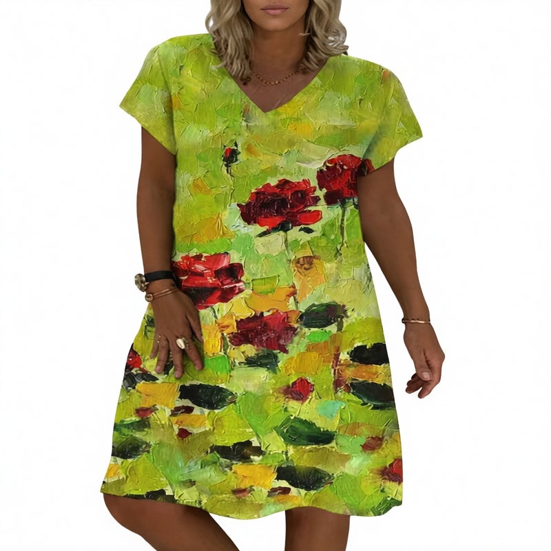 Women's Bohemian Print Deep V-Neck Short Sleeve Dress - Image 2