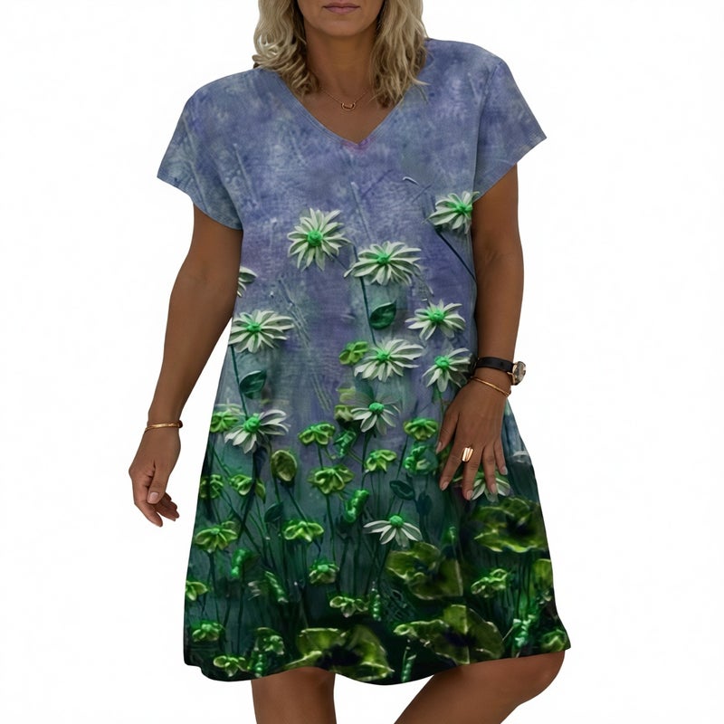 Women's Bohemian Print Deep V-Neck Short Sleeve Dress - Image 1