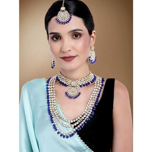 Aheli Indian Wedding Kundan Beaded Heavy Bridal Long Choker Necklace Earrings with Maang Tikka Traditional Jewellery Set for Women (Blue) - Image 2