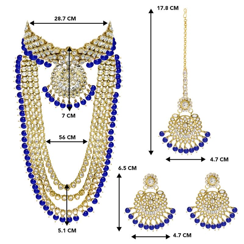 Aheli Indian Wedding Kundan Beaded Heavy Bridal Long Choker Necklace Earrings with Maang Tikka Traditional Jewellery Set for Women (Blue) - Image 4