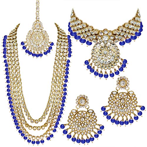 Aheli Indian Wedding Kundan Beaded Heavy Bridal Long Choker Necklace Earrings with Maang Tikka Traditional Jewellery Set for Women (Blue) - Image 1