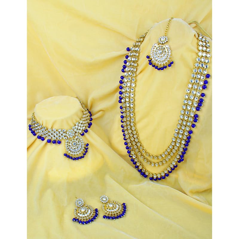 Aheli Indian Wedding Kundan Beaded Heavy Bridal Long Choker Necklace Earrings with Maang Tikka Traditional Jewellery Set for Women (Blue) - Image 3