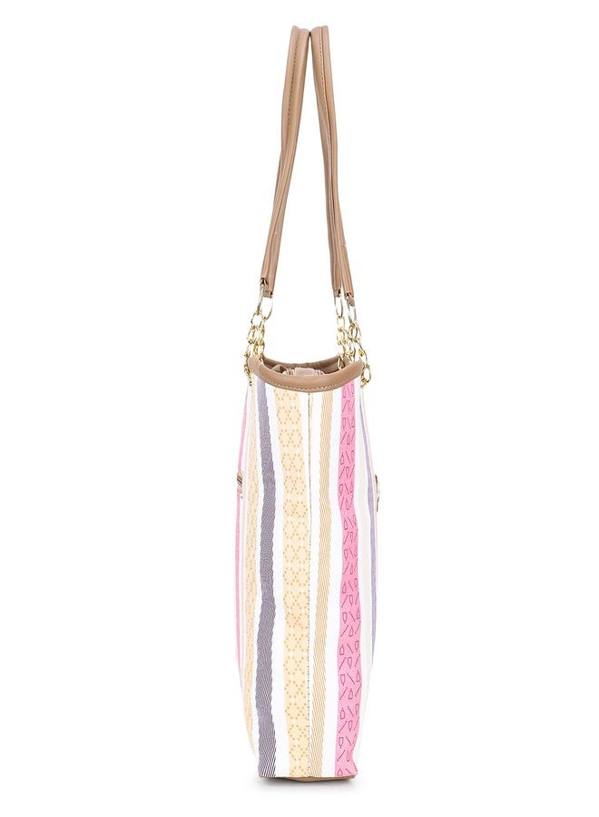 Nexeura Trendy Women’s Tote Handbag - Stylish Multicolor Striped Shoulder Bag with Dual Handles & Spacious Design - Lightweight PU Leather Casual Purse for Office, Shopping & Everyday Use (TAN) - Image 4
