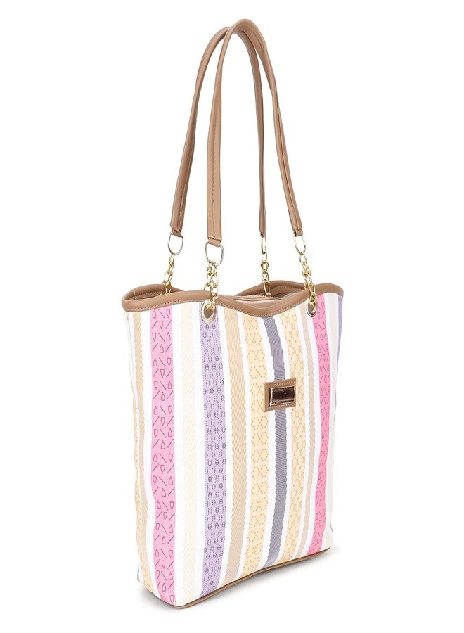 Nexeura Trendy Women’s Tote Handbag - Stylish Multicolor Striped Shoulder Bag with Dual Handles & Spacious Design - Lightweight PU Leather Casual Purse for Office, Shopping & Everyday Use (TAN) - Image 2