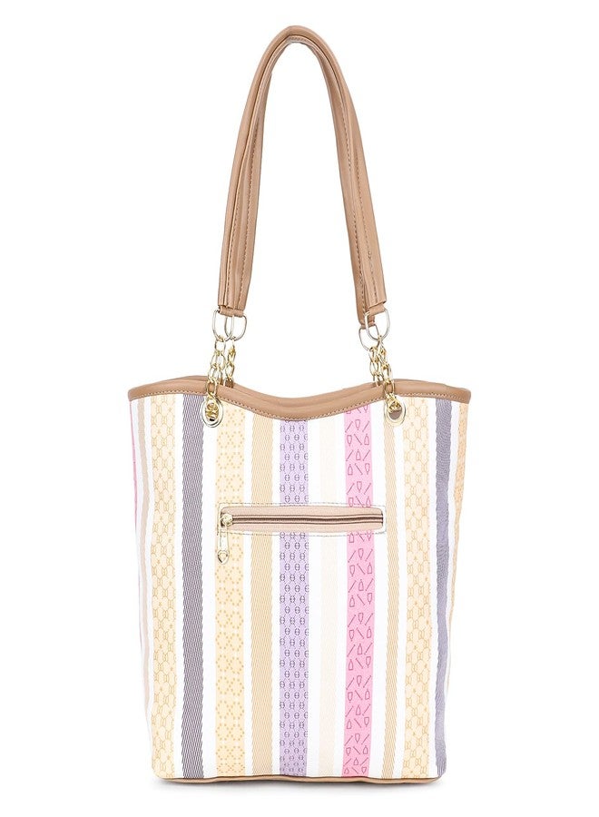 Nexeura Trendy Women’s Tote Handbag - Stylish Multicolor Striped Shoulder Bag with Dual Handles & Spacious Design - Lightweight PU Leather Casual Purse for Office, Shopping & Everyday Use (TAN) - Image 3