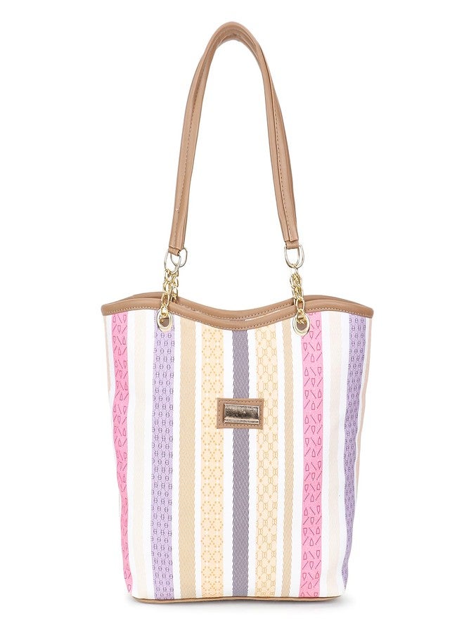 Nexeura Trendy Women’s Tote Handbag - Stylish Multicolor Striped Shoulder Bag with Dual Handles & Spacious Design - Lightweight PU Leather Casual Purse for Office, Shopping & Everyday Use (TAN) - Image 1