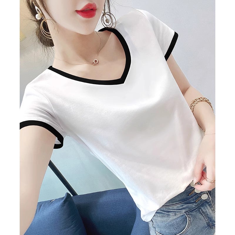 White Short-Sleeved T-Shirt For Women V Neck Stitching Contrasting Color Slim Fit Spring Versatile T-Shirt Right Shoulder Tight Top - Image 5