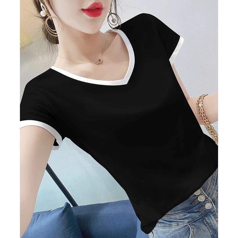 White Short-Sleeved T-Shirt For Women V Neck Stitching Contrasting Color Slim Fit Spring Versatile T-Shirt Right Shoulder Tight Top - Image 4