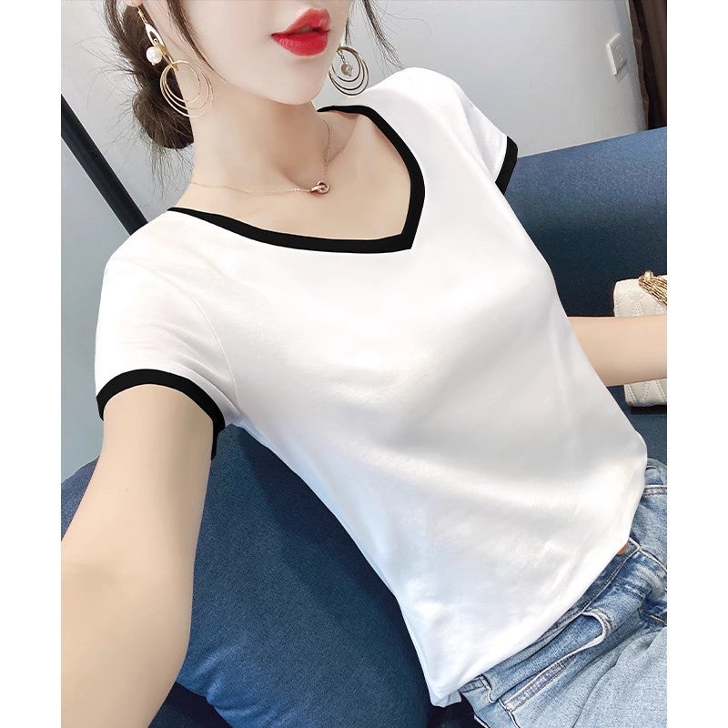 White Short-Sleeved T-Shirt For Women V Neck Stitching Contrasting Color Slim Fit Spring Versatile T-Shirt Right Shoulder Tight Top - Image 2