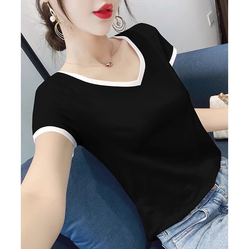 White Short-Sleeved T-Shirt For Women V Neck Stitching Contrasting Color Slim Fit Spring Versatile T-Shirt Right Shoulder Tight Top - Image 1