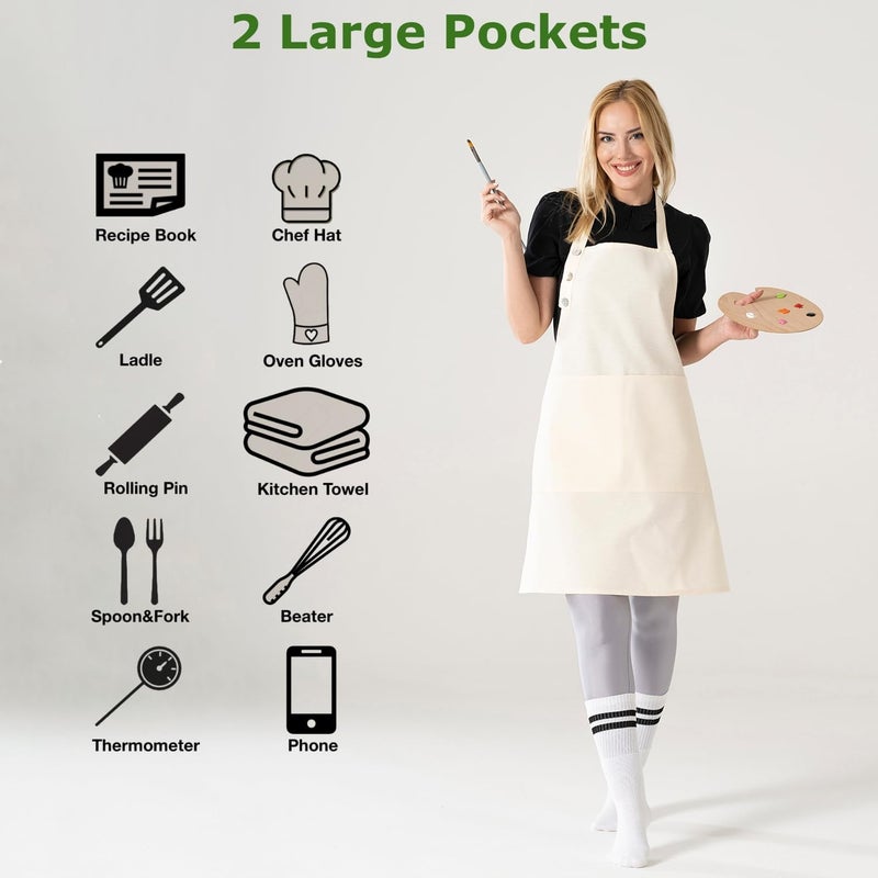 TOSHE Kitchen Apron Waterdrop Resistant Cotton Apron with adjustable Aprons for Women with Pockets 10 Color option Cooking Cream Apron (Cream) - Image 1