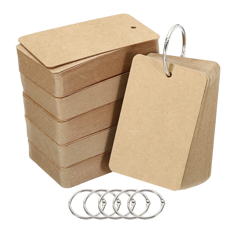 PATIKIL 3.5" x 2" Blank Flash Cards with Rings, 300 Pack Study Cards Index Cards Note Card Pre Hole Punched for Learning, Brown