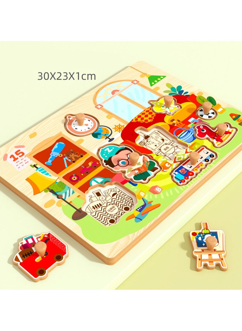 30cm Boys Theme Hand Grab Jigsaw Puzzle Board 1-3 Years Old Children Wooden Peg Jigsaw Puzzle Toy With Handle, Children'S Fine Motor Skills Learning Education, Ideal Gift For 1 - 2 - 3 Years Old Boy - Image 2
