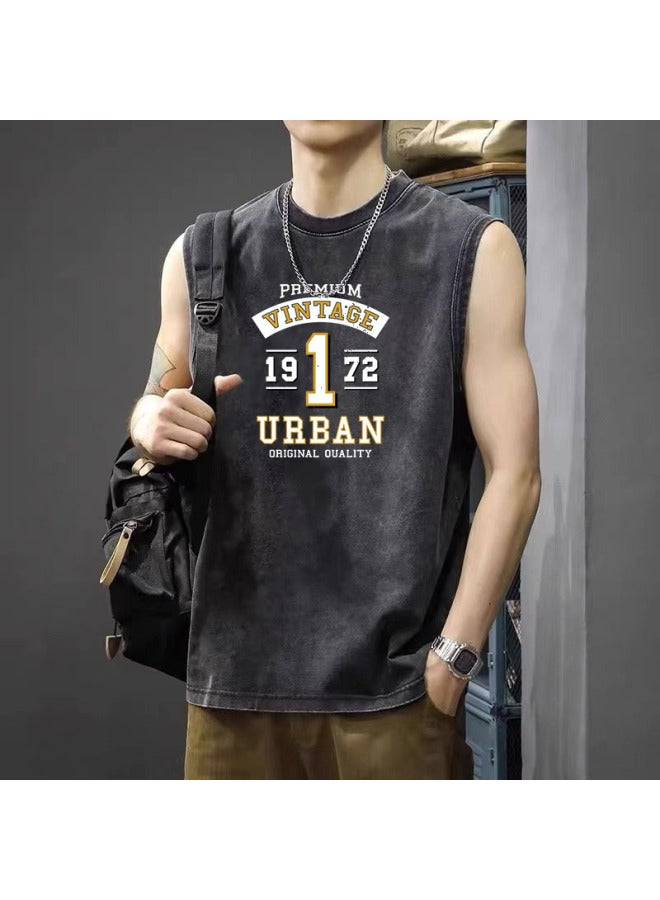 American High Street Retro Washed Distressed Sports Vest Trendy Brand Sleeveless T-shirt Loose Casual Fitness Short Sleeve