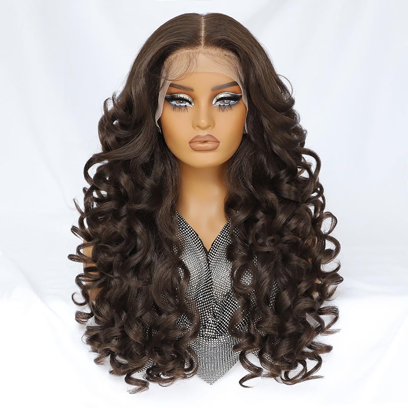 Felek Chocolate Brown Lace Front Wig Synthetic 13x6 Loose Wave HD Transparent Lace Frontal Wigs Pre Plucked Wear and Go Glueless Wigs for Black and White Women 24 inch Long Curly Wig - Image 2