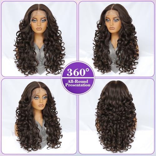 Felek Chocolate Brown Lace Front Wig Synthetic 13x6 Loose Wave HD Transparent Lace Frontal Wigs Pre Plucked Wear and Go Glueless Wigs for Black and White Women 24 inch Long Curly Wig - Image 3